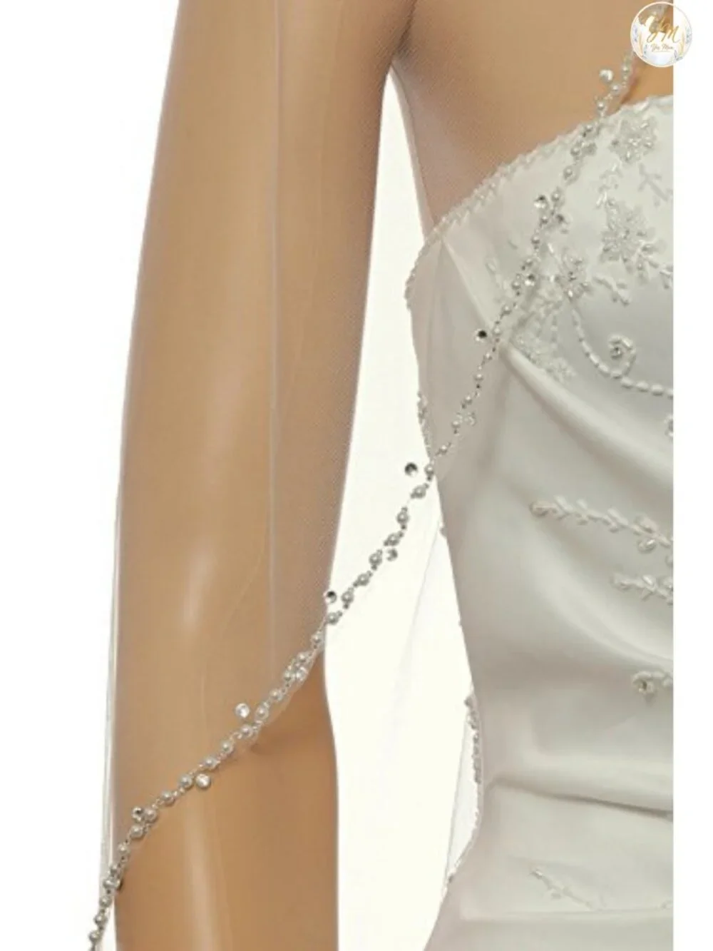Wavy Crystal Pearl Beaded Wedding Veil Elbow Length 30
